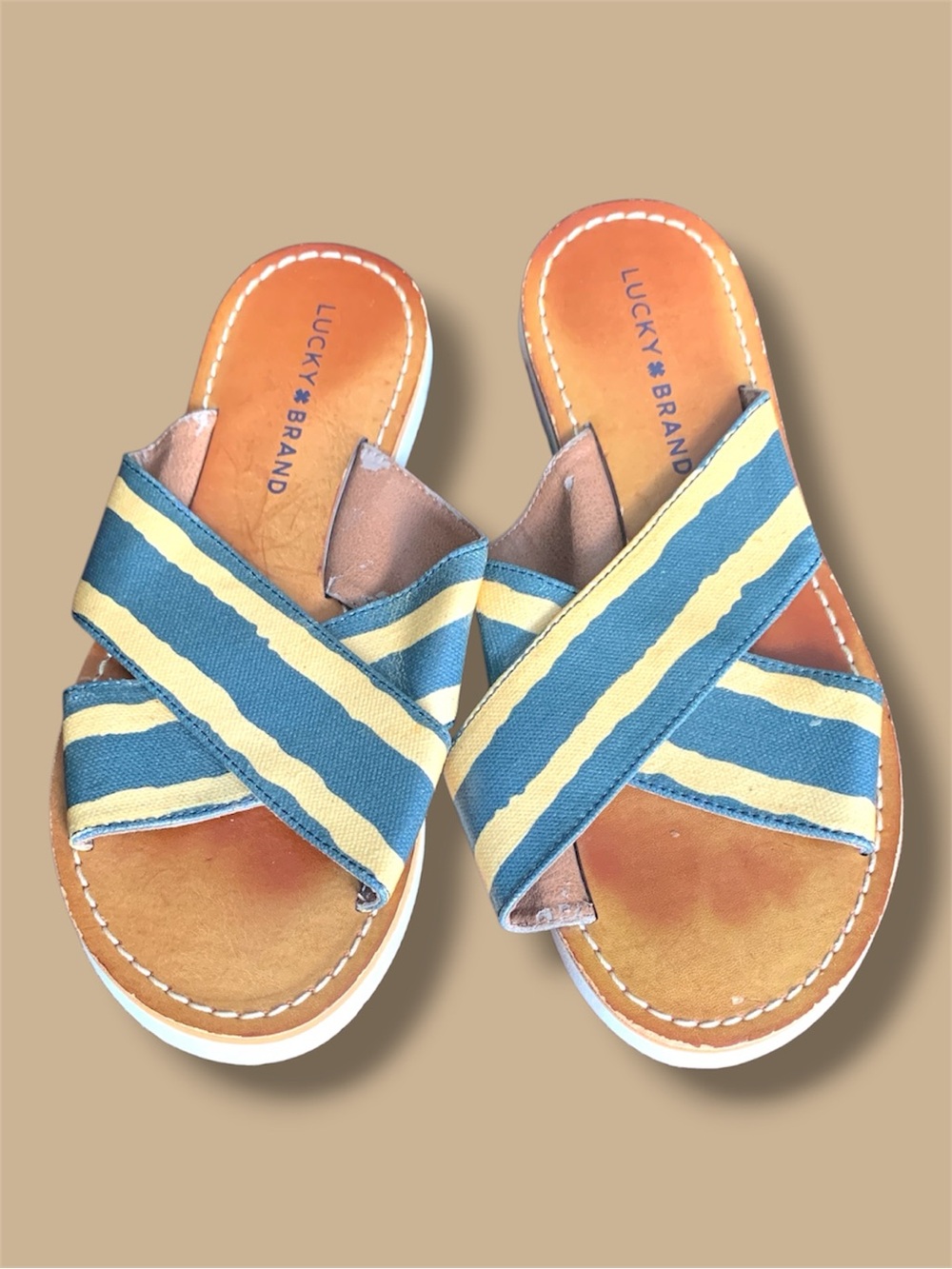 Lucky Brand Women’s Blue and Yellow Crisscross Slide Sandals Sz 6.5